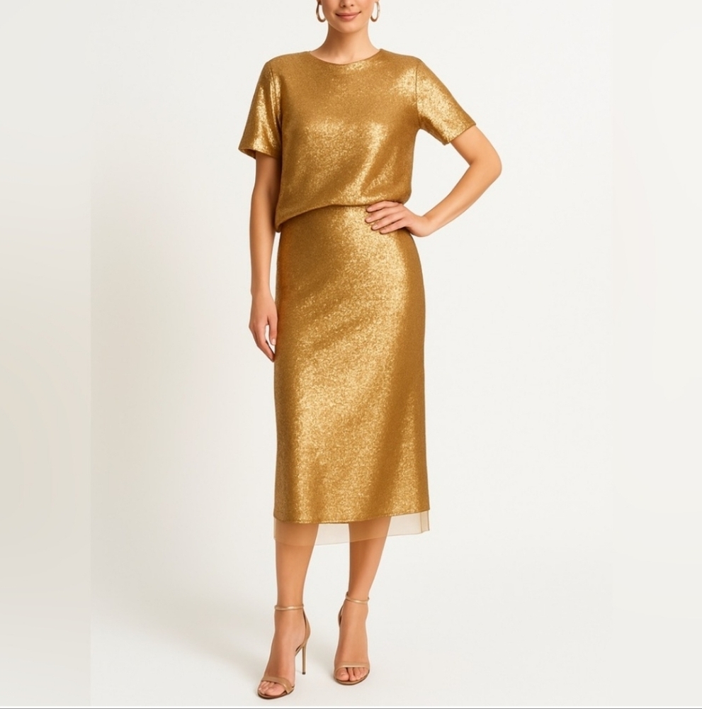 Le' AL.X Sequin Knit High Rise Sheath Slip Midi Sheer Hem Coordinating Skirt